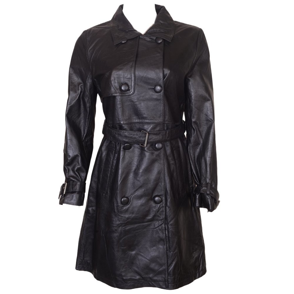 Women's Leather Trench Coat with Adjustable Belt